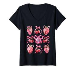 Damen Pink Bow Coquette Aesthetics Y2K Cherry Strawberry für Damen, lustig T-Shirt mit V-Ausschnitt von Cute Coquette Bows Pink Red Cherry Strawberry