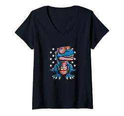 Damen Lustiger Dinosaurier, patriotisch, 4. Juli, niedlicher Dinosaurier T-Shirt mit V-Ausschnitt von Cute Dinosaur Patriotic 4th Of July US Flag store