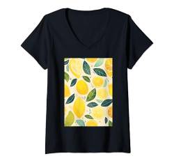 Damen Zitronenmuster Kunst Obst T-Shirt mit V-Ausschnitt von Cute Fruit Pattern Art Minimalist (Lemon)