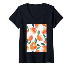 Damen Aquarell Pfirsichfrucht Muster Kunst T-Shirt mit V-Ausschnitt von Cute Fruit Watercolor Pattern Graphic (Peach)