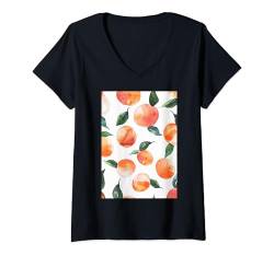 Damen Vintage Muster Kunst Pfirsichfrucht T-Shirt mit V-Ausschnitt von Cute Fruit Watercolor Pattern Graphic (Peach)