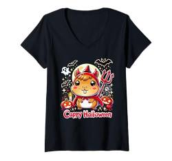 Damen Cappy Halloween Cute Capybara Baby Teufel Kostüm Luzifer T-Shirt mit V-Ausschnitt von Cute Halloween Capybara Pumpkin Bat Ghost