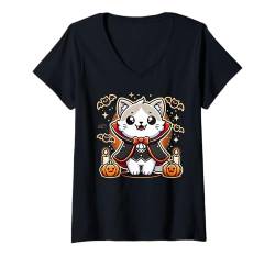 Damen Entzückende Vampir-Baby-Katze, Halloween, lustiges gruseliges Kätzchen T-Shirt mit V-Ausschnitt von Cute Halloween Cat Pumpkin Bat Candle Fun