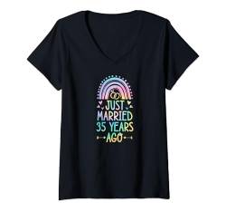 Damen Passender Hochzeitstag Just Married vor 35 Jahren T-Shirt mit V-Ausschnitt von Cute Just Married Quotes Accessories for Couples