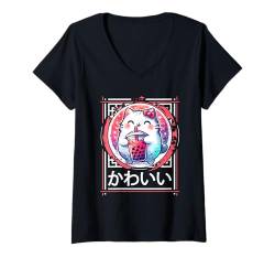 Damen Süße Kawaii-Katze trinkt Boba Bubble Tea Kawaii Kleidung Katze T-Shirt mit V-Ausschnitt von Cute Kawaii Stuff Japanese Aesthetic Anime Manga