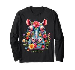 Blumiges buntes Nilpferd, Moo Deng: Entzückendes Nilpferd Langarmshirt von Cute Moo Deng