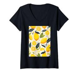 Damen Muster Kunst Zitrone Obst Vintage T-Shirt mit V-Ausschnitt von Cute Pattern Art Minimalist Graphic (Lemon)