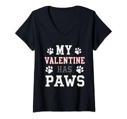 Damen My Valentine Has Paws Lustiger Hundewelpenliebhaber zum Valentinstag T-Shirt mit V-Ausschnitt von Cute Prints On My Valentines Day Dogs Owners