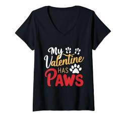 Damen My Valentine Has Paws Lustiger Hundewelpenliebhaber zum Valentinstag T-Shirt mit V-Ausschnitt von Cute Prints On My Valentines Day Dogs Owners