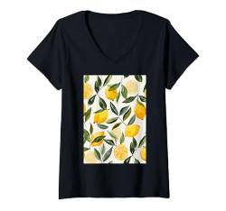 Damen Vintage Muster Kunst Zitrone Obst T-Shirt mit V-Ausschnitt von Cute Vintage Pattern Graphic (Lemon)