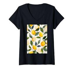 Damen Vintage Obst Muster Kunst Zitrone T-Shirt mit V-Ausschnitt von Cute Vintage Pattern Graphic (Lemon)