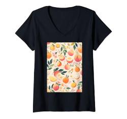 Damen Vintage Muster Kunst Pfirsichfrucht T-Shirt mit V-Ausschnitt von Cute Vintage Pattern Graphic (Peach)