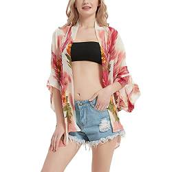 Damen Boho Floral Print Kimono Bikini Cover Up Sheer Chiffon Lose Cardigan Bluse Wrap, Rot von CuteSwan