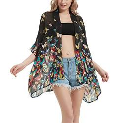 Damen Boho Floral Print Kimono Bikini Cover Up Sheer Chiffon Lose Cardigan Bluse Wrap von CuteSwan