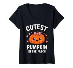 Damen Süßester Kürbis im Patch Baby Mädchen Kleinkind Halloween Mädchen T-Shirt mit V-Ausschnitt von Cutest Pumpkin in the Patch Toddler Girl Shirt