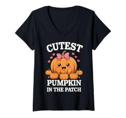 Damen Süßester Kürbis im Patch Baby Mädchen Kleinkind Halloween Mädchen T-Shirt mit V-Ausschnitt von Cutest Pumpkin in the Patch Toddler Girl Shirt