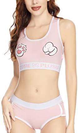 CutiePlusU Baumwolle Camisole und Höschen Sport Loungewear Damen Bralette Set - Süße Katzenpfote Rosa 4XL von CutiePlusU