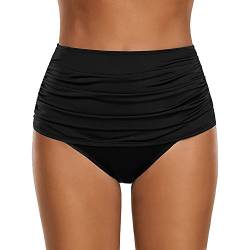 DABASHAN Damen Bikinihose Retro Ruched Bikini Hose Klassisch Schwarze Badehose Strandhose Hoher Taille Einfarbige Bikini Briefs Badehose Große Größe (D-Black, XL) von DABASHAN