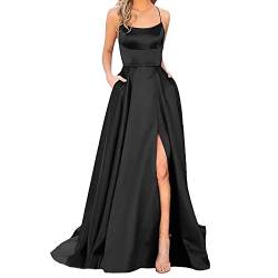 Damen Elegant Lange Ballkleider Satin A-Linie Hochzeitskleid Ärmellos Abendkleider Spaghetti-Träger Rückenfreie Brautkleid Sexy Lang Prinzessin Brautjungfer Kleid Abschlusskleid (Black-1, M) von DABASHAN