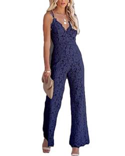 DAIHAN Damen Jumpsuit Elegant V Ausschnitt Spitze Schicke Overall Cocktail Party Overalls Hosenanzug Playsuit Lang Romper,Marine,M von DAIHAN