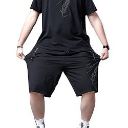 DAIHAN Herren 2 Stück Groß und groß Eisseide O-Neck Kurzarm Einfarbiges T-Shirt-Oberteil und Shorts mit Federmuster Split Fitnessbekleidung Sporthose Freizeitanzug Jogginganzug Sportanzug von DAIHAN