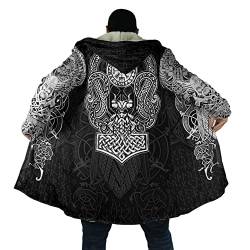 Mjölnir 3D Herren Outdoor Windproof Jacke Viking Tattoo Mantel aus Lammwolle und Baumwolle mit halblanger Kapuze und Windjacke Winter lockere Passform lässig Sport Umhang Poncho ( Color : Vegvisir , S von DAMATA