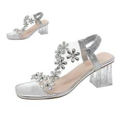 DAMYTION Damen-Sandalen mit Blumen-Strasssteinen und Blockabsatz, elastischer Knöchelriemen, klobig, quadratisch, offener Zehenbereich, Absatz, Party, Hochzeit, silber, 37(6) von DAMYTION