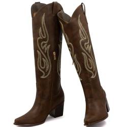 DANAZANA Western-Cowboystiefel für Damen, bestickt, kniehoch, breite Wade, Cowgirl-Stiefel, klassischer klobiger Absatz, Schlupfstiefel, Brown-a, 37.5 EU von DANAZANA