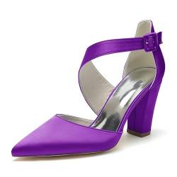 DAYOBOB Damen Hochzeitschuhe mit Spitzen-Zehen aus Satin - Chunky Heels, Sandalen mit Schnürung, Pumps mit hohen Absätzen für Prom & Abendkleid,Dark Purple,42 von DAYOBOB