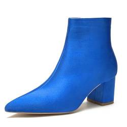 DAYOBOB Frauen Satin-Stiefel mit geschlossenen Zehen, Hochheels, Spitze Zehen, Reißverschluss & Blockabsatz - Gala-, Hochzeits- & Gerichtsschuhe,Blau,38 von DAYOBOB