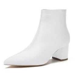 DAYOBOB Frauen Satin-Stiefel mit geschlossenen Zehen, Hochheels, Spitze Zehen, Reißverschluss & Blockabsatz - Gala-, Hochzeits- & Gerichtsschuhe,Weiß,37 von DAYOBOB