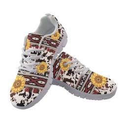 Niedliche Sneaker für Damen, leichte Schnürung, flache Sneaker, modische Outdoor-Walking-Laufschuhe, Navajo Aztec Sunflower Brown Cow Leopard, 40 2/3 EU von DBKGHIEDHG