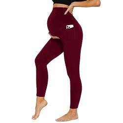 DDOBB Damen Umstandsleggings mit Taschen High Waist Umstandshose Blickdichte Schwangerschaftsleggings Weich Elastisch Umstandsmode Zuhause Yoga Sport(Weinrot, S) von DDOBB