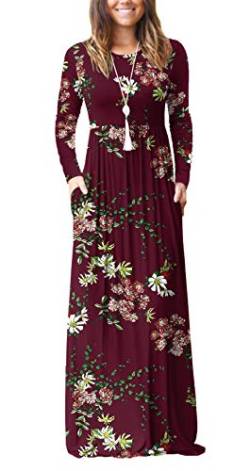DEARCASE Damen Maxikleid, Damen lässig Winter langes Kleid, Damen Langarm Floral Print Maxi Kleid mit Taschen (Blumenwein Rot, L) von DEARCASE