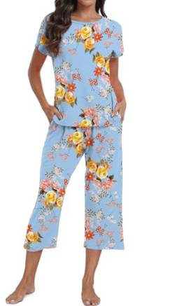 DEARCASE Damen Schlafanzüge Pyjama Sets Floral Print Kurzarm Rundhals Nachtwäsche Top und Hosen 2-teilige Lounge Wear Sets mit Taschen, X-Large Floret Blue von DEARCASE