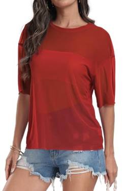 DEARCASE Damen See Through Mesh Sheer Sexy T Shirt Bluse Sommer Kurzarm Rundhals Lose Tops, 2X-Large Red von DEARCASE