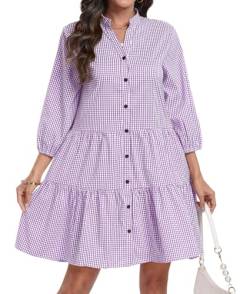 DEARCASE Damen Sommer Hemd Kleider Casual V-Ausschnitt Button Down 3/4 Ärmel Plaid Lose Flowy Mini Kleid, 2X-Large Purple von DEARCASE