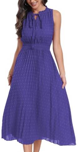 DEARCASE Damen Sommer Maxi Kleid Casual Rundhalsausschnitt Rüschen Saum Ärmellos Elastische hohe Taille A Linie Einfarbige Kleider, Medium Royal Blue von DEARCASE