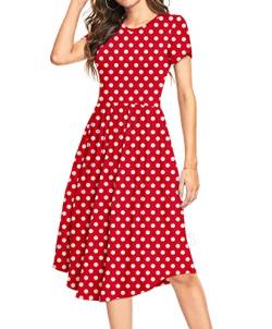 DEARCASE Kurzärmeliges Tunikakleid Damen Polka Dot Muster Rundhalsausschnitt Midikleid für Sommer Casual Flared Style mit Taschen 2XL, Rot von DEARCASE