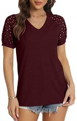 DEARCASE T-Shirt Damen V-Ausschnitt Spitze Ärmel Bluse Solide Tunika Kurzarm Tops Elegant Sommer Tshirts, Weinrot M von DEARCASE