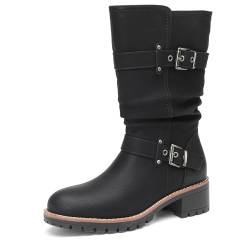 DECARSDZ Damen Mid Calf Boots Leder Mid-Calf Biker Boots für Frauen Wide Calf Motorrad Reitstiefel, Schwarz, 38 EU von DECARSDZ