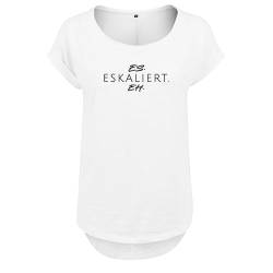 Es eskaliert eh Design Frauen T Shirt mit Spruch handgefärtigt Oversize NEU Shirt Rundhals Mädchen kurzärmlig M Weis (B36-210-2-M-Weiß) von DELUNO