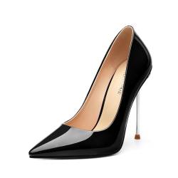 DEMOSHINE High Heels Pumps für Damen, Stiletto, Patent, spitz, geschlossene Zehenpartie, Slipper, sexy, klassisch, Hochzeit, elegante Schuhe, Schwarz, 38.5 EU von DEMOSHINE