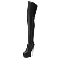 DEMOSHINE Plateau-Stiefel für Damen, oberschenkelhoch, Stiletto-Reißverschluss, runde Zehenpartie, lange Stiefel, klassisch, sexy, modisch, hohe Stiefel, Schwarz, 40.5 EU von DEMOSHINE