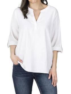 DENIMFY Leinenbluse Damen Sommer leicht Regular Fit DFSara Leinen Bluse 3/4 Arm V-Ausschnitt Blusenshirt Oberteile Einfarbig Weiß L, Größe:L, Farben:White von DENIMFY