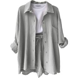 DHYUEN Bluse Musselin Damen Festival Sommershirt Set Musselin Shorts Damen Leinenblusen Aesthetic Sport Shirt Damenblusen Zweiteiler Damen Mit Hose Sommer Leinen Bluse Blusenjacke(2-Light Gray,L) von DHYUEN