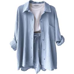 DHYUEN Longbluse Damen Lässig Für Leggings Musselin Sport Shirt Sommer Outfits Damen Spitzenbluse Aesthetic Blusenshirt Leinen Bluse Zweiteiler Damen Elegant Outfit Leinen Shorts(2-Light Blue,XXL) von DHYUEN