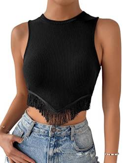 DIDK Damen Crop Tank Top Bauchfrei Tops Camilose Rippenstrick Kurz Oberteil mit Fransen Schwarz L von DIDK