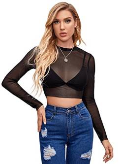 DIDK Damen Crop Top mit Transparenten Netsztoff Langarm Cropshirt Oberteile T-Shirt Casual Party Shirts Schwarz L von DIDK