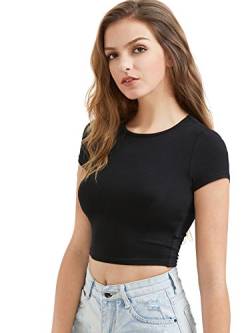 DIDK Damen Crop Tops Kurzarm T-Shirts Slim Fit Rundhals Shirt Sommershirts Oberteile Sport Tee Einfarbig Casual Kurz Top Bauchfrei Schwarz L von DIDK